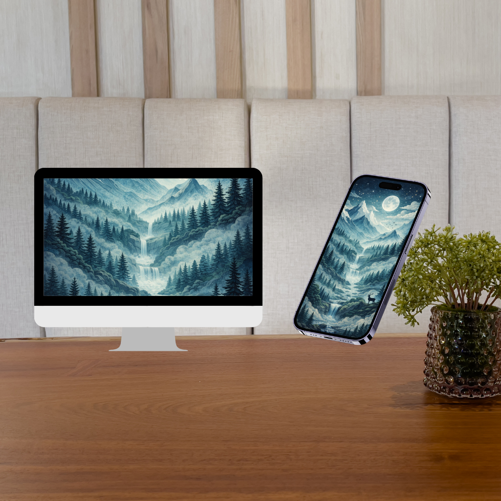 Midnight Cascade – Moonlit Mountain Waterfall Wallpaper Set (Desktop & Phone)