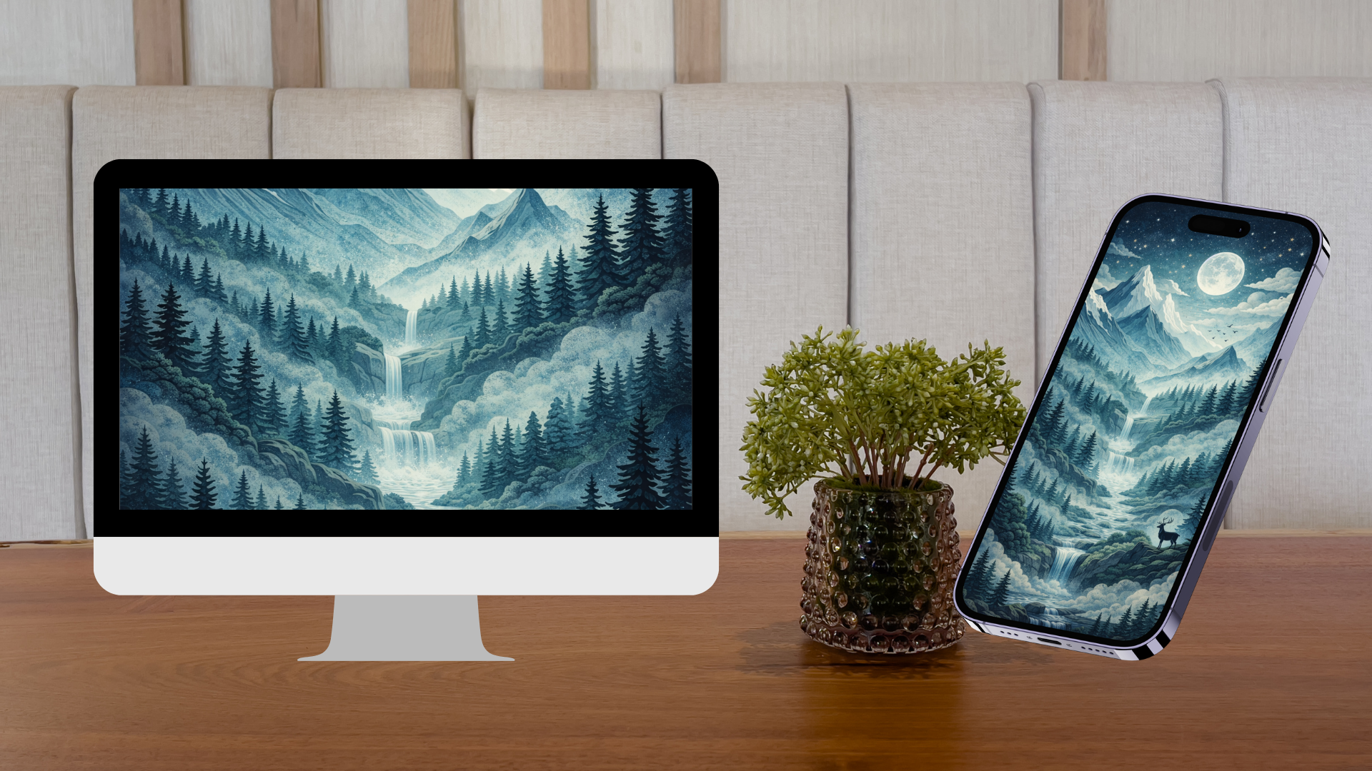 Midnight Cascade – Moonlit Mountain Waterfall Wallpaper Set (Desktop & Phone)