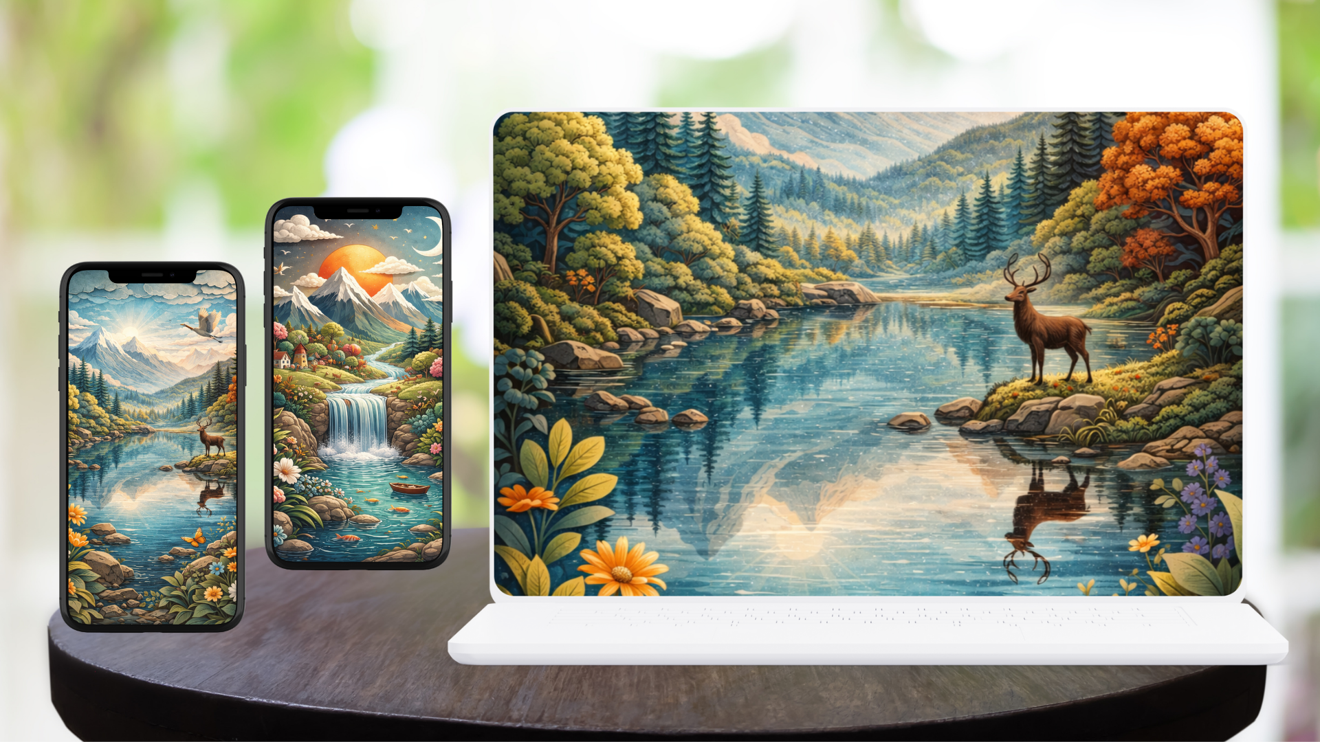 Emerald Lake Retreat – Serene Forest & Waterfall Wallpaper Set (Laptop & Phone)